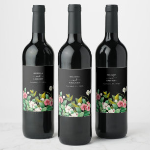 Wildflowers Periwinkle Watercolor Black Wedding  Wine Label