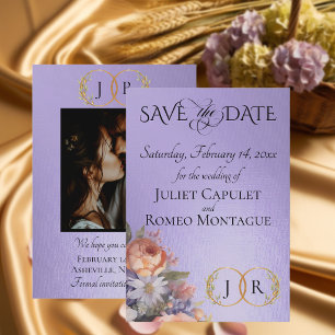 Wildflowers, Photo & Leaf Monogram - Blue Lilac Save The Date