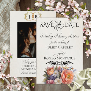 Wildflowers, Photo & Leaf Monogram - Cream Save The Date