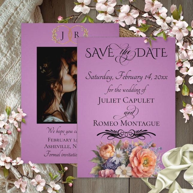 Wildflowers, Photo & Leaf Monogram - Lavender Save The Date (Creator Uploaded)