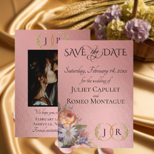 Wildflowers, Photo & Leaf Monogram - Rose Gold Save The Date