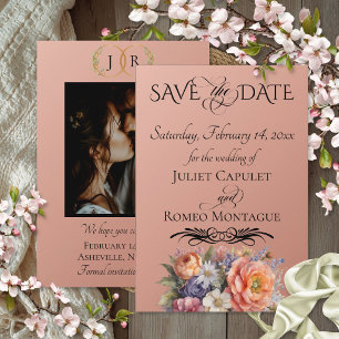 Wildflowers, Photo & Leaf Monogram - Rose Gold Save The Date