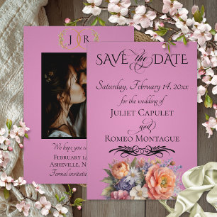 Wildflowers, Photo & Leaf Monogram - Rose Pink Save The Date