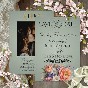 Wildflowers, Photo & Leaf Monogram - Sage Save The Date