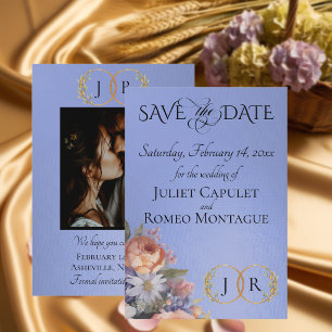 Wildflowers, Photo & Leaf Monogram - Sky Blue Save The Date