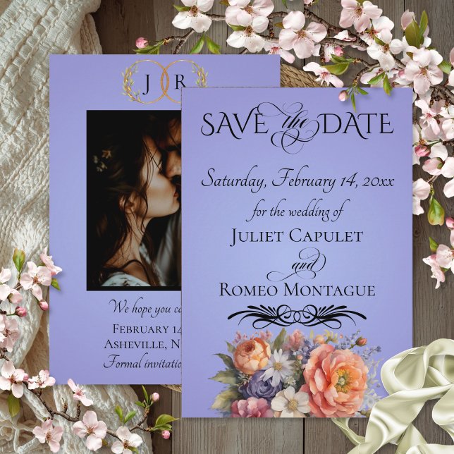 Wildflowers, Photo & Leaf Monogram - Sky Blue Save The Date (Creator Uploaded)