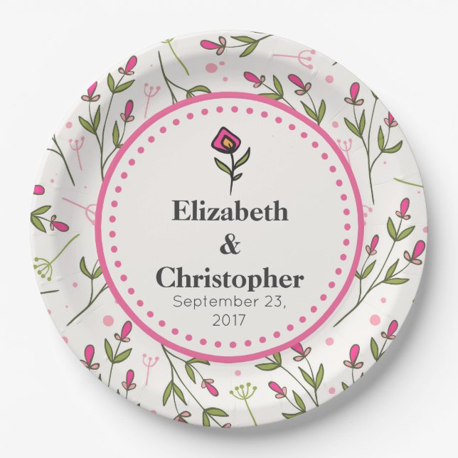 Wildflowers - Pink and Orange Petals Wedding Paper Plate (Front)
