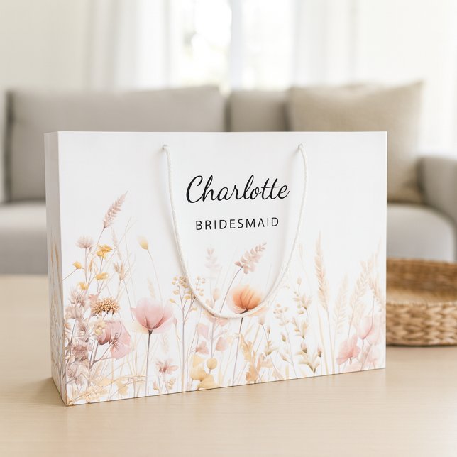 Wildflowers pink beige bridesmaid name large gift bag (Creator Uploaded)