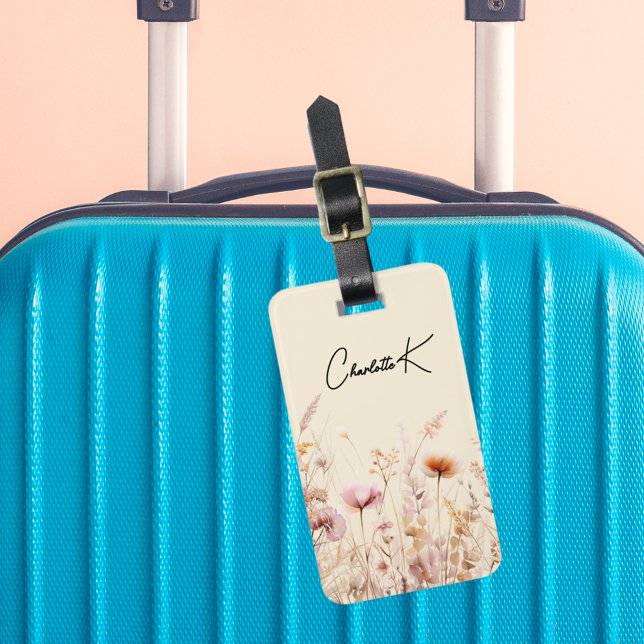 Wildflowers pink beige cream name script luggage tag (Creator Uploaded)