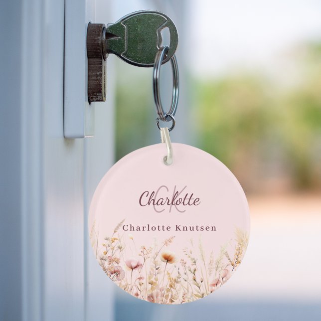 Wildflowers pink beige monogram name key ring (Creator Uploaded)