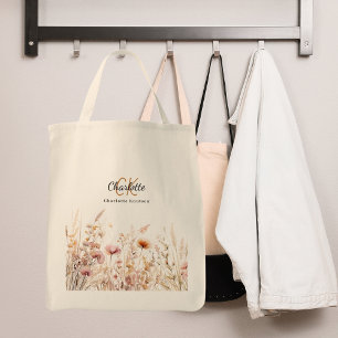 Wildflowers pink beige monogram name tote bag