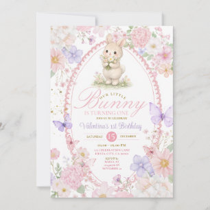 Wildflowers Pink Bunny First Birthday Invitation 