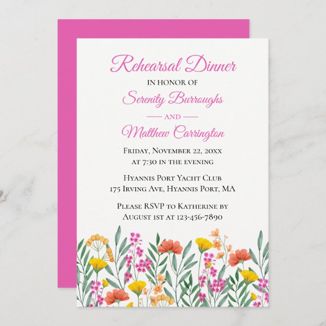 Wildflowers Pink Floral Wedding Rehearsal Dinner Invitation (Front/Back)