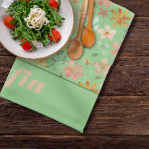 Wildflowers pink yellow pattern custom name green tea towel