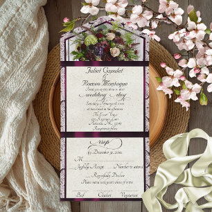 Wildflowers, Plum Ribbon & Lace Wedding All In One Invitation