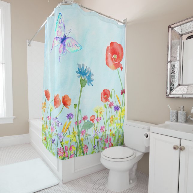 wildflowers poppy meadow butterfly watercolor blue shower curtain (In Situ)