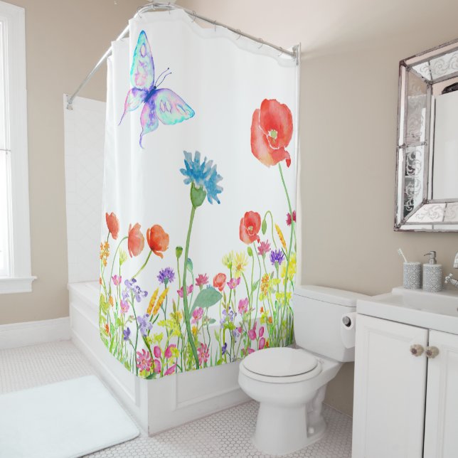 wildflowers poppy meadow butterfly watercolor shower curtain (In Situ)