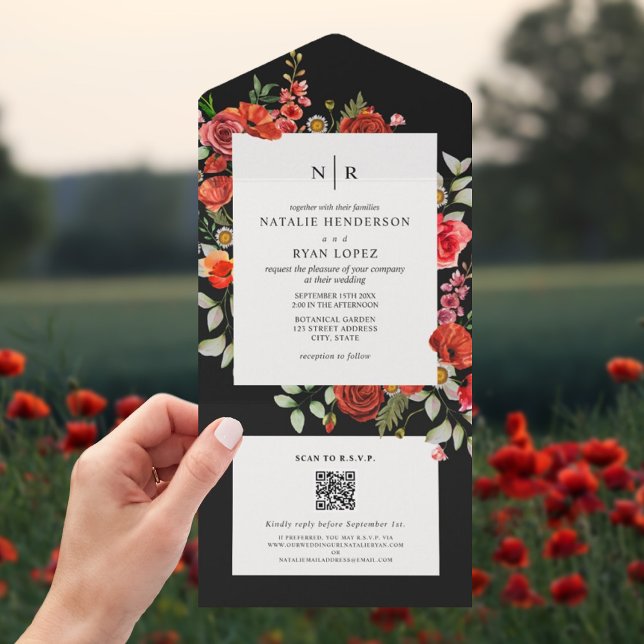 Wildflowers Poppy Red Floral Dark Wedding QR RSVP All In One Invitation (Creator Uploaded)