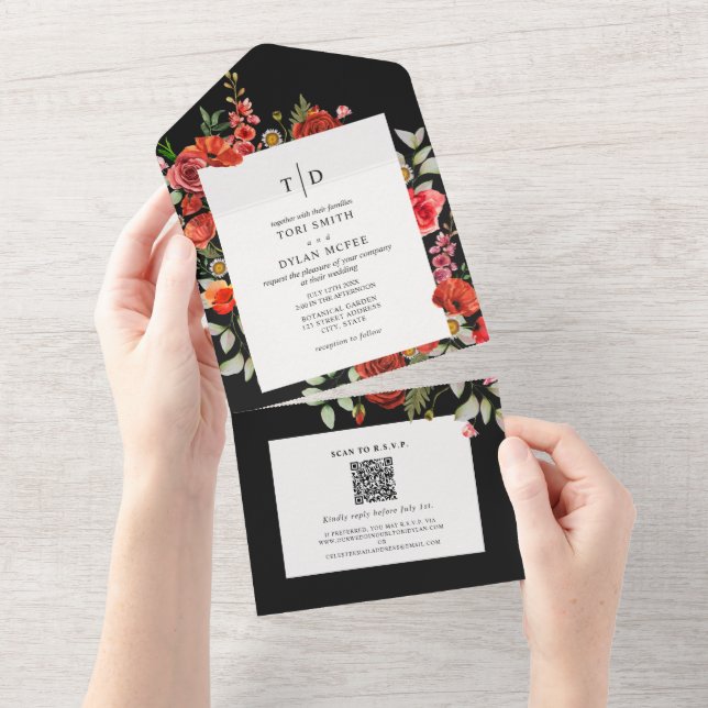 Wildflowers Poppy Red Floral Dark Wedding RSVP All In One Invitation (Tearaway)