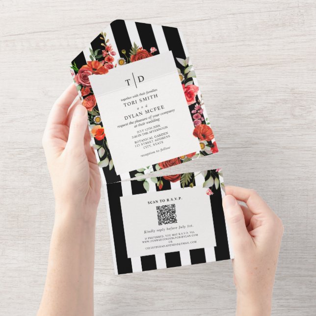 Wildflowers Poppy Red Floral Stripe Wedding RSVP   All In One Invitation (Tearaway)