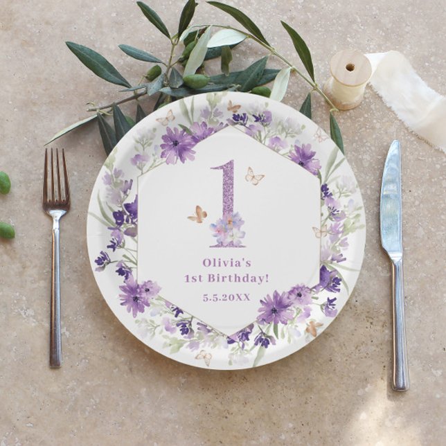 Wildflowers purple Butterfly 1st birthday party Paper Plate (Creator Uploaded)