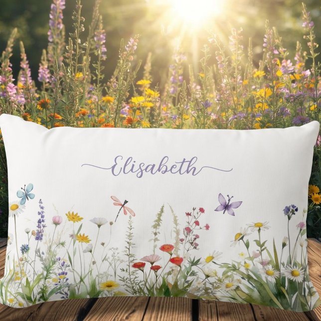 Wildflowers Purple Lilac Script Name Lumbar Cushion (Wildflowers Purple Lilac Script Name Lumbar Pillow)