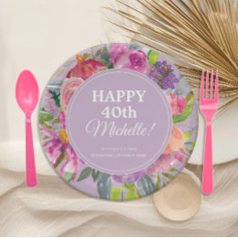 Wildflowers Purple Pink 40th Birthday Paper Plate