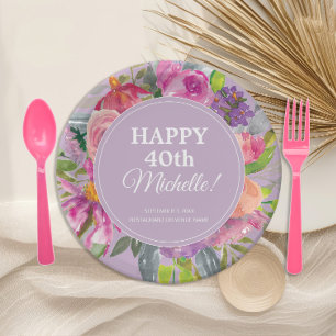 Wildflowers Purple Pink 40th Birthday Paper Plate