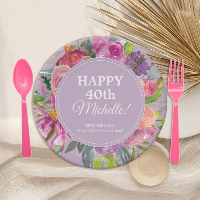 Wildflowers Purple Pink 40th Birthday Paper Plate (Elegant pink and purple watercolor floral 40th birthday party paper plates)