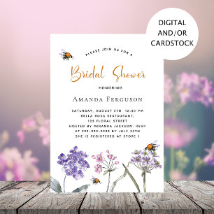 Wildflowers purple pink bee Bridal shower Invitation