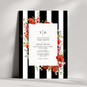 Wildflowers Red Floral Black White Stripe Wedding Invitation