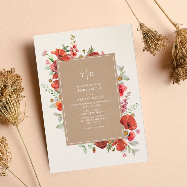 Wildflowers Red Floral Botanical Cardstock Wedding Invitation (Creator Uploaded)