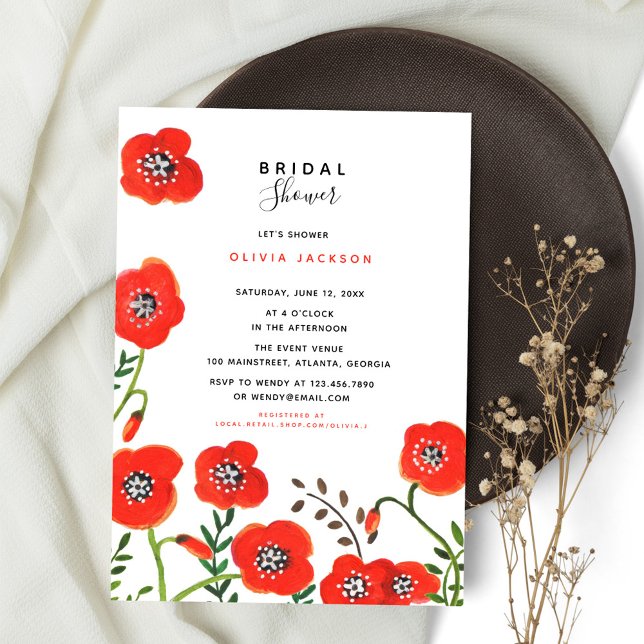 Wildflowers Red Poppy Floral modern bridal shower Invitation (Creator Uploaded)