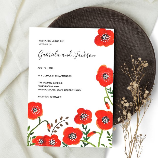 Wildflowers Red Poppy Floral modern wedding Invitation (Creator Uploaded)