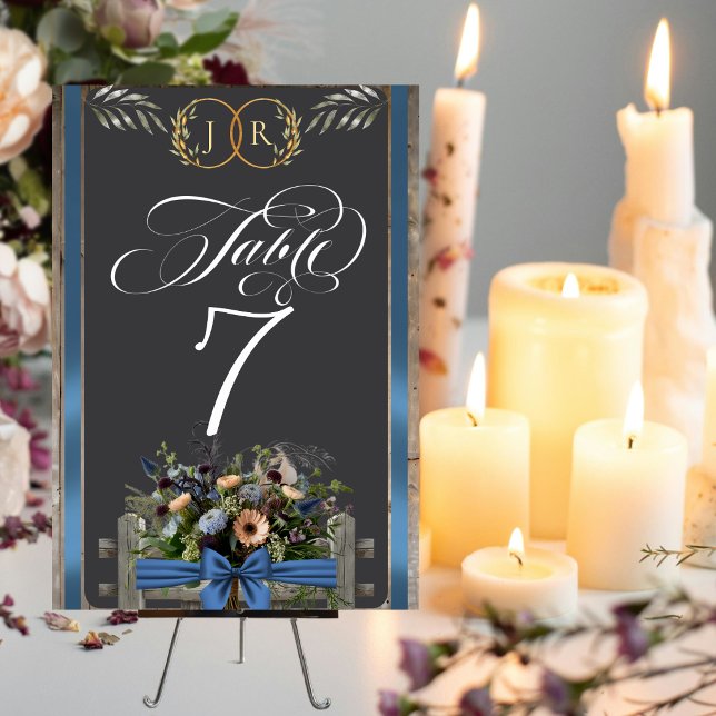 Wildflowers, Ribbon & Monogram - Blue Table Number (Creator Uploaded)