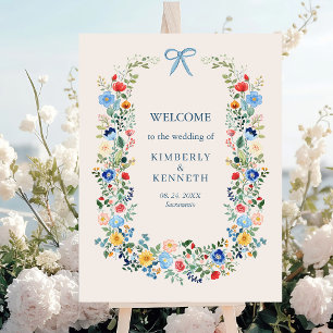 Wildflowers Rustic Blue Bow Wedding Welcome Poster