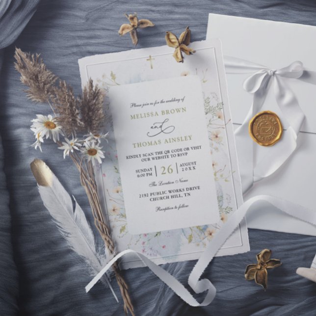 Wildflowers Rustic Elegant Budget QR Code Wedding Invitation (Creator Uploaded)