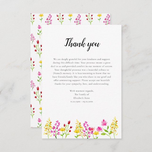 Wildflowers Script Funeral Thank you Watercolor (Front/Back)
