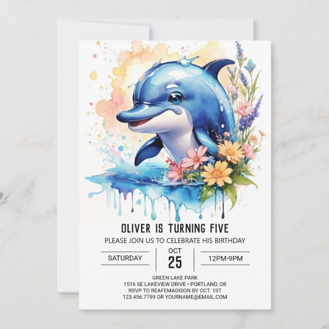  Wildflowers Sea Dolphin Birthday invitation (Front)