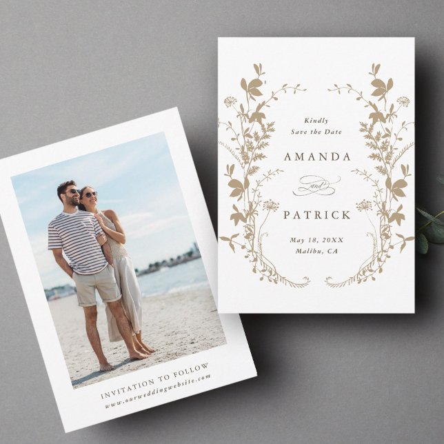 Wildflowers Silhouette Wreath Wedding Photo Tan Save The Date (Front & Back)