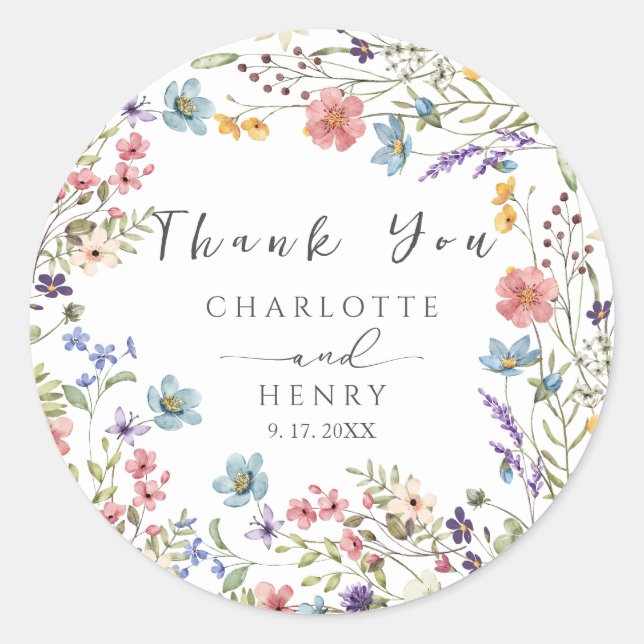 Wildflowers Simple Floral Wedding Thank You Favour Classic Round Sticker (Front)