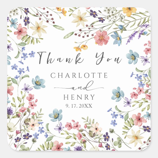 Wildflowers Simple Floral Wedding Thank You Favour Square Sticker (Front)