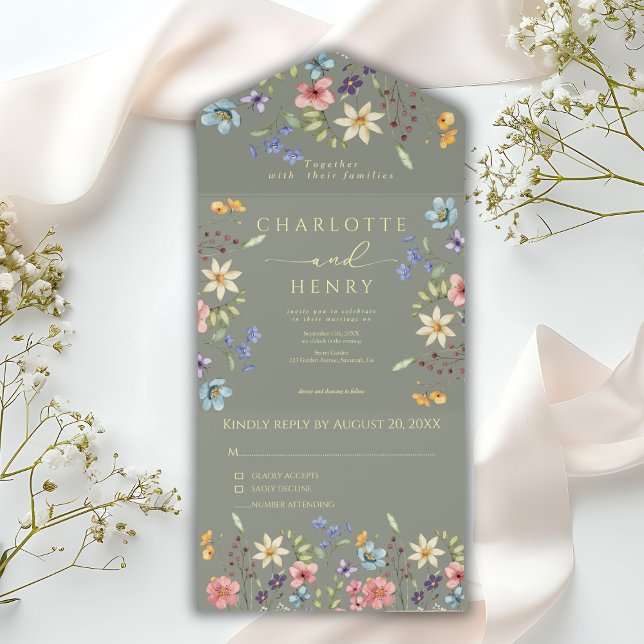  Wildflowers Simple Garden Sage Yellow Wedding All In One Invitation (Creator Uploaded)