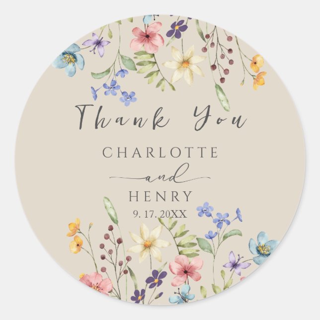 Wildflowers Simple Garden Wedding Thank You Favour Classic Round Sticker (Front)