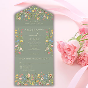 Wildflowers Simple Sage Garden Wedding All In One Invitation