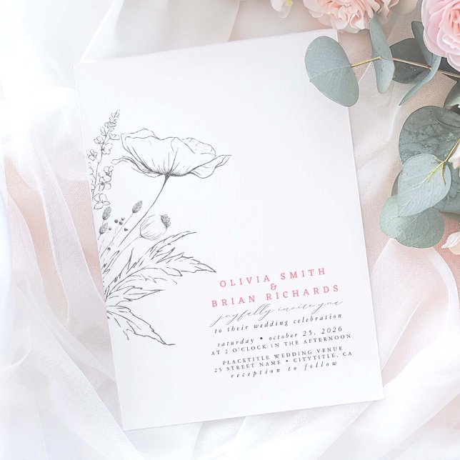 Wildflowers Sketch Elegant Pink Grey Wedding Invitation (Wildflowers Drawing Minimalist Wedding Invitation)