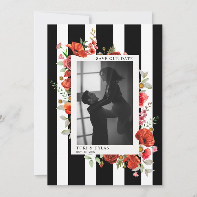 Wildflowers Stripe Wedding Photo Save The Date (Front)
