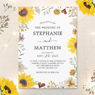 Wildflowers Sunflower Botanical Watercolor Wedding Invitation