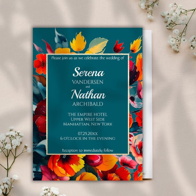 Wildflowers Teal Classic Wedding Invitation (This colorful modern floral wedding invitation in teal features a sparkling frame around your text)