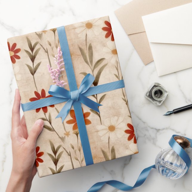 Wildflowers Terracotta Botanical Pattern  Wrapping Paper (Gifting)